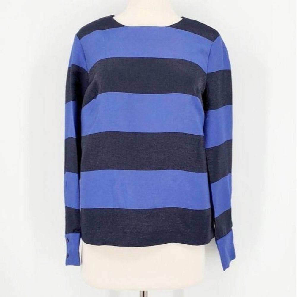 Banana Republic Navy and Royal Blue Stripe Long Sleeve Sparkle Blouse Top Large